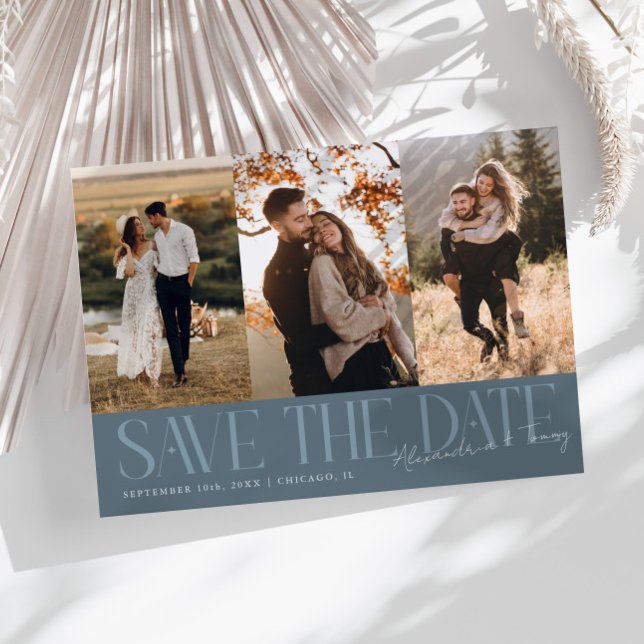 Modern Multi Photo Couple's Signature Slate Blue Save The Date (Von Creator hochgeladen)