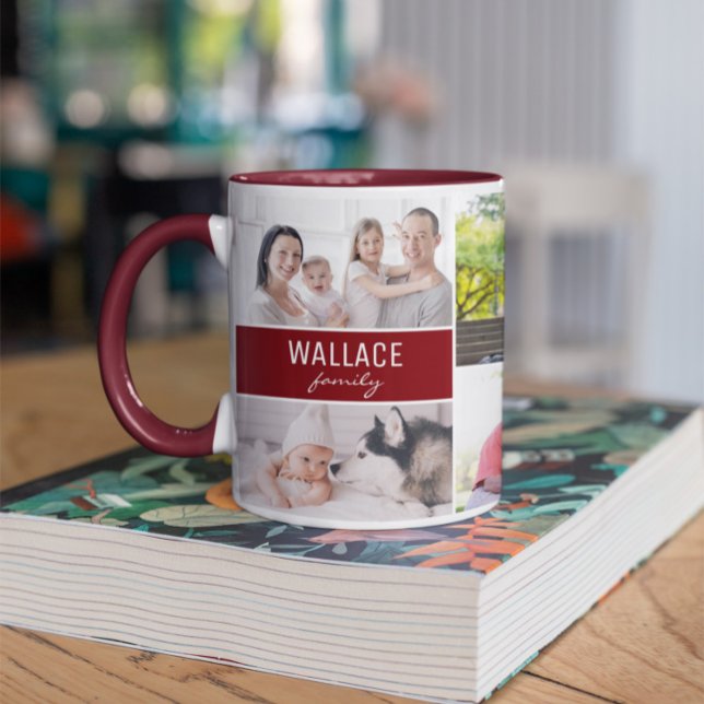 Modern Multi Photo Family Burgundy Red collage Tasse (Customizable, modern, red white two tone family collage mug.)