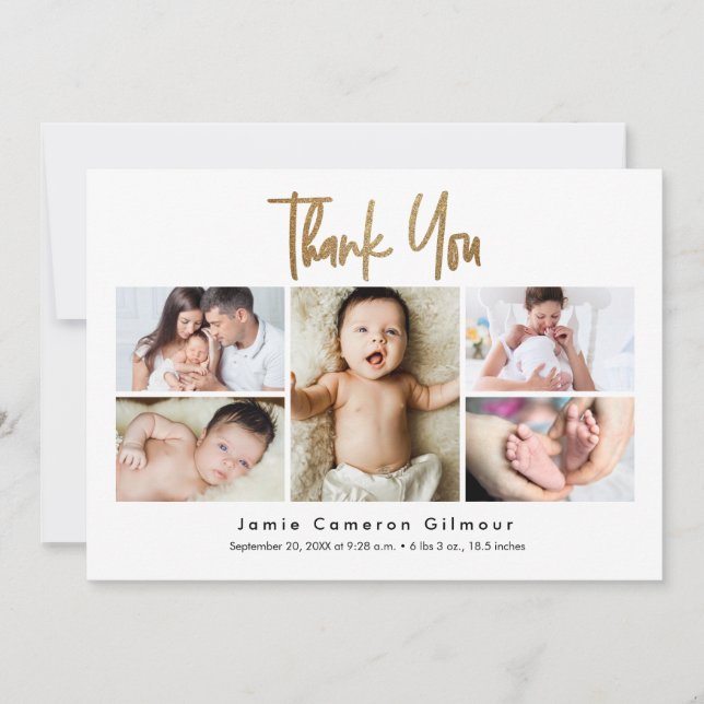 Modern Multi-Photo Newborn Baby Name Birth stats Dankeskarte (Vorderseite)