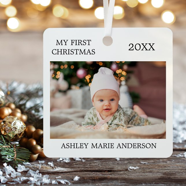 Modern My First Christmas Baby Foto Ornament Aus Metall (Customize to change text size or style.)