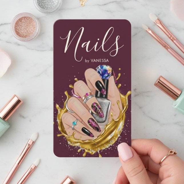 Modern Nail Art Studio Burgundy Manicurist Artist Visitenkarte (Von Creator hochgeladen)