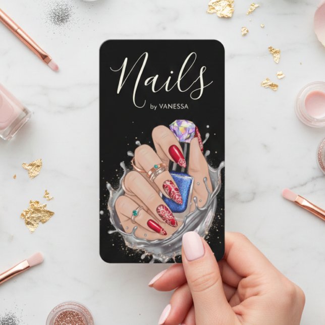 Modern Nail Studio Red Blue Manicurist Artist Visitenkarte (Von Creator hochgeladen)