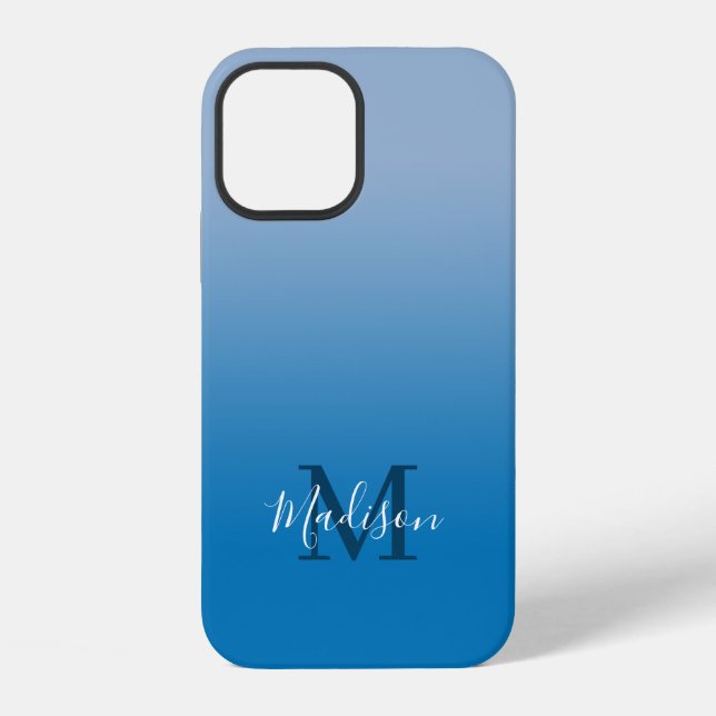 Modern Name Monogram Hell- zu Dunkelblauer Farbver iPhone Hülle (Rückseite)