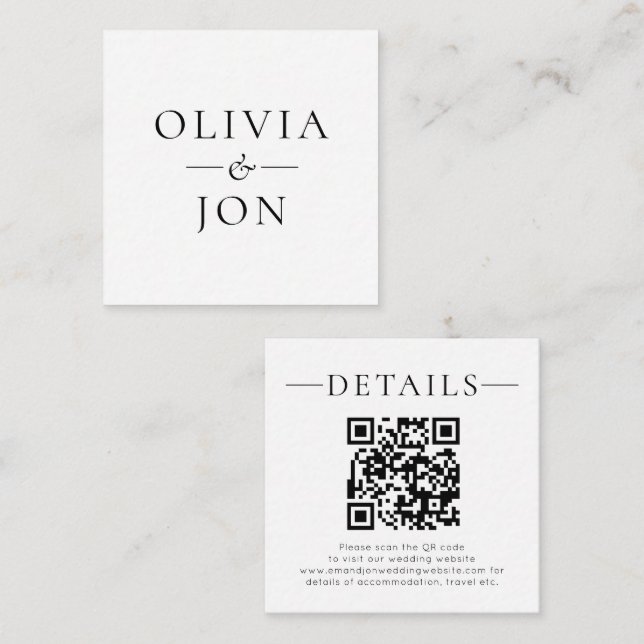 Modern Names QR Code Black White Wedding Details Begleitkarte (Vorne/Hinten)
