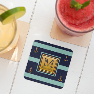 Modern Nautical Anchor Blue Gold Monogram Rechteckiger Pappuntersetzer