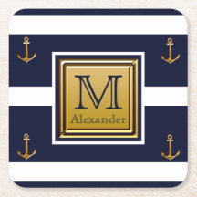 Modern Nautical Anchor Blue White Gold Monogram