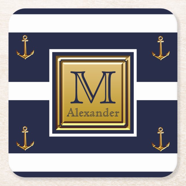 Modern Nautical Anchor Blue White Gold Monogram Rechteckiger Pappuntersetzer (Vorderseite)