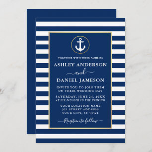 Modern Nautical Anchor Gold Blue Stripes Hochzeit Einladung