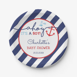 Modern Nautical Navy Red Anchor Ahoy Baby Boy Pappteller