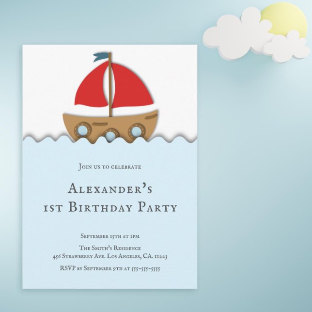 Modern Nautical Sailboat Boy Erste Geburtstag Einladung (Cute first birthday party invitation with a boat illustration)