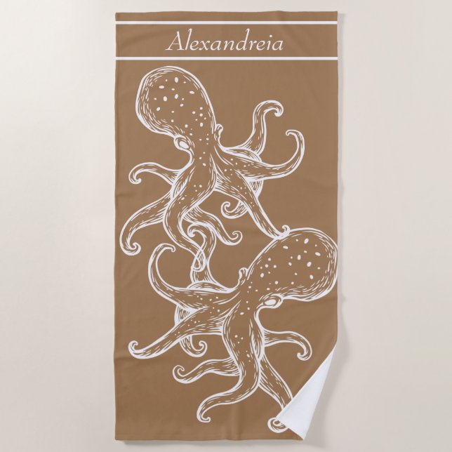 Modern Nautical White Octopus ocean Tan Strandtuch (Vorderseite)