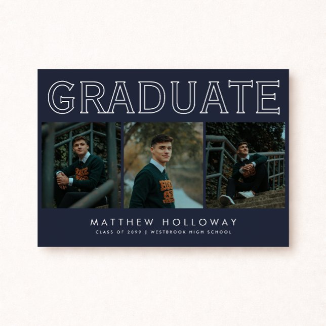 Modern Navy 3 Photo Graduation Announcement  Einladung (Von Creator hochgeladen)