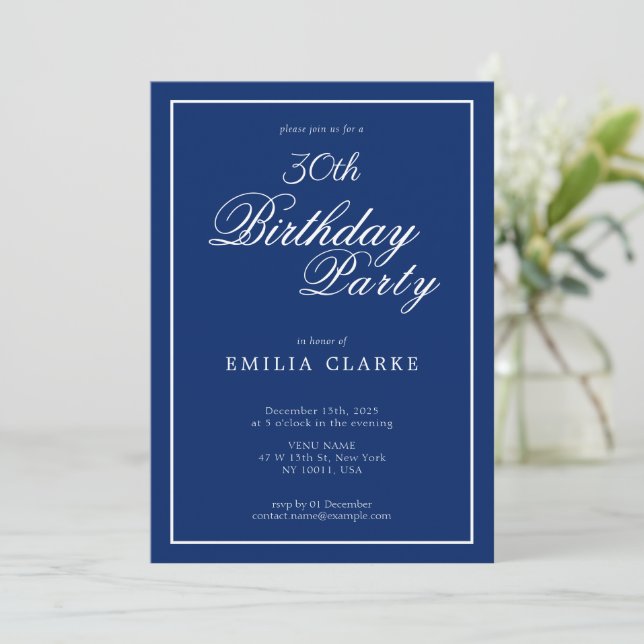 Modern Navy Birthday Party Invitations for Adults Einladung (Stehend Vorderseite)