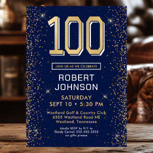 Modern Navy Blue 100. Geburtstag Einladung