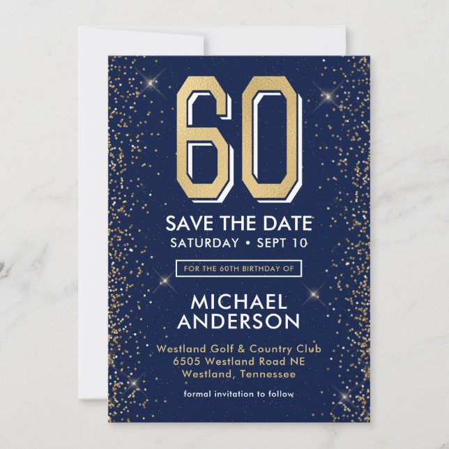 Modern Navy Blue 60. Geburtstag Save The Date (Vorderseite)