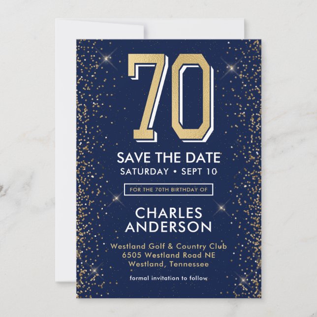 Modern Navy Blue 70. Geburtstag Save The Date (Vorderseite)