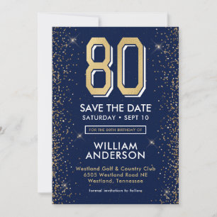 Modern Navy Blue 80. Geburtstag Save The Date