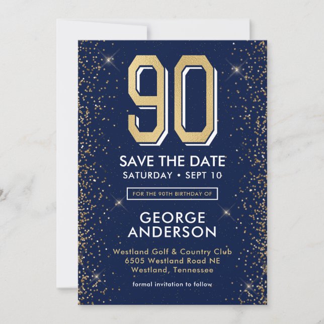 Modern Navy Blue 90. Geburtstag Save The Date (Vorderseite)