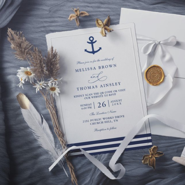 Modern Navy Blue Anchor Nautical QR Code Wedding Einladung (Von Creator hochgeladen)