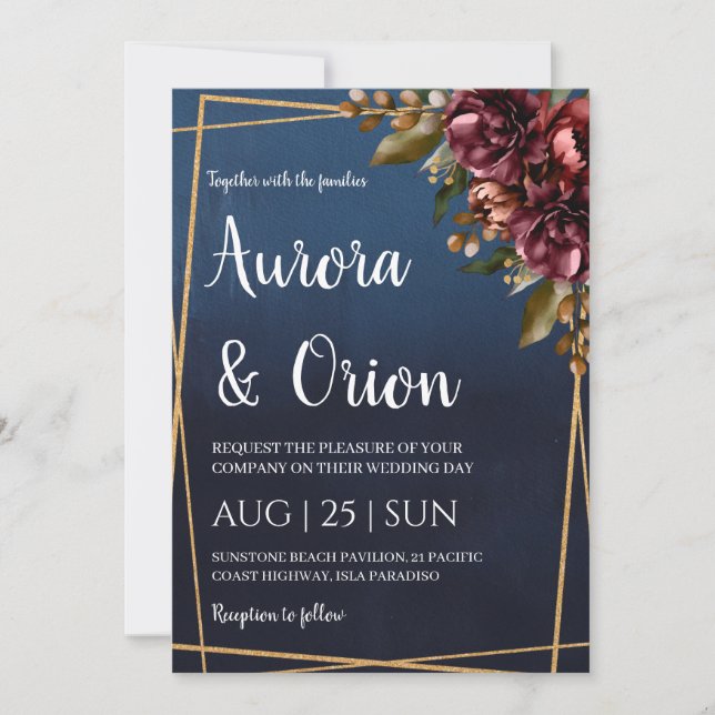 modern navy blue and burgundy wedding invitations einladung (Vorderseite)