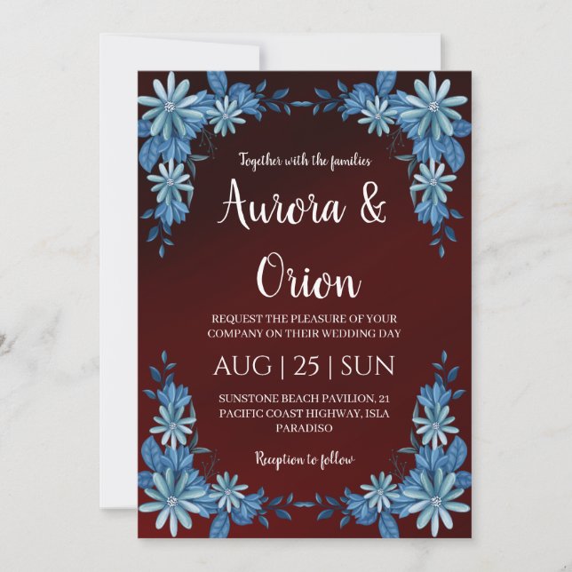 modern navy blue and burgundy wedding invitations einladung (Vorderseite)