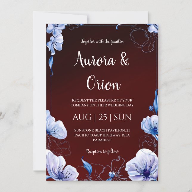 modern navy blue and burgundy wedding invitations einladung (Vorderseite)