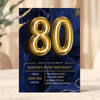 Modern Navy Blue and Gold 80th Birthday Invitation Einladung