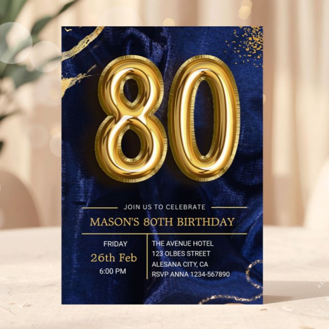 Modern Navy Blue and Gold 80th Birthday Invitation Einladung (milestone bday bash invite, women or male man birthday, elegant modern golden invite, gold glitter d)