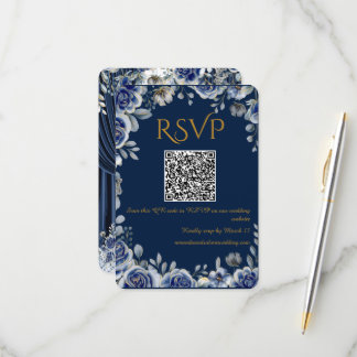 Modern Navy Blue and Gold QR Code Wedding RSVP Car Karte