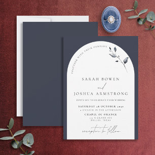 Modern Navy Blue Arch Botanical Script Wedding Inv Einladung