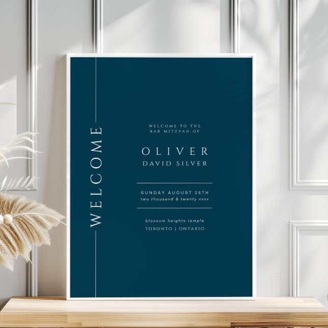 Modern Navy Blue Bar Mitzvah Begrüßungszeichen Poster (Von Creator hochgeladen)