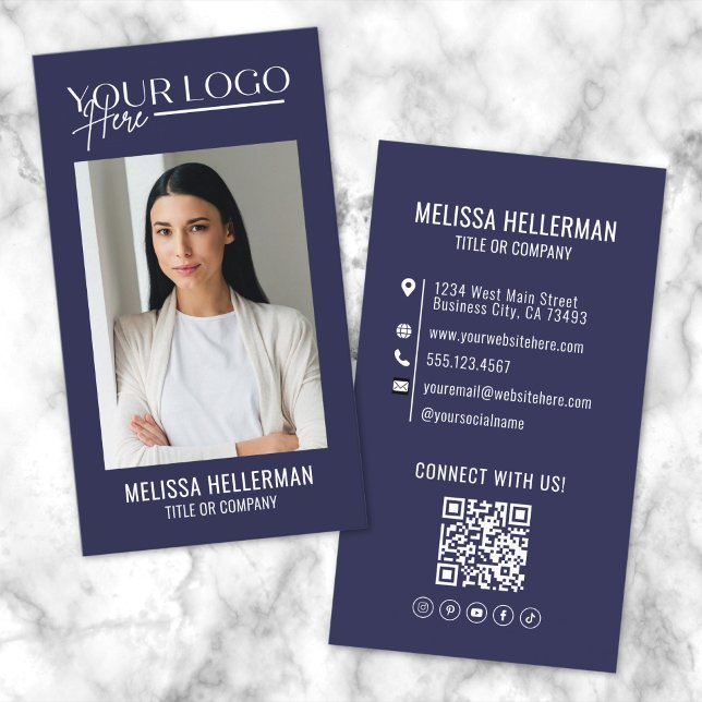 Modern Navy Blue Beruflich QR Code Foto Logo Visitenkarte (Modern Navy Blue Professional QR Code Photo Logo Business Card )