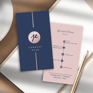 Modern Navy Blue & Blush Pink Rose Gold Monogram Visitenkarte