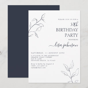 Modern Navy Blue Botanical 50. Geburtstag Einladung
