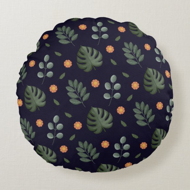 Modern Navy Blue Botanical Leaf Round Pillow Rundes Kissen (Vorderseite)