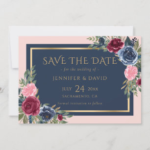 Modern Navy Blue Burgundy Blush Gold Floral Save The Date