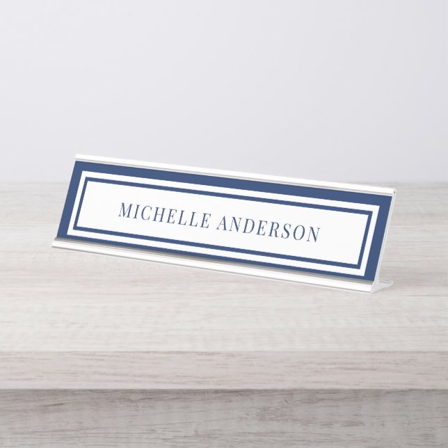 Modern Navy Blue Chic Double Boarder Elegant  Schreibtischnamensplakette (Vorderseite )
