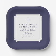 Modern Navy Blue Cross Boy First Communion