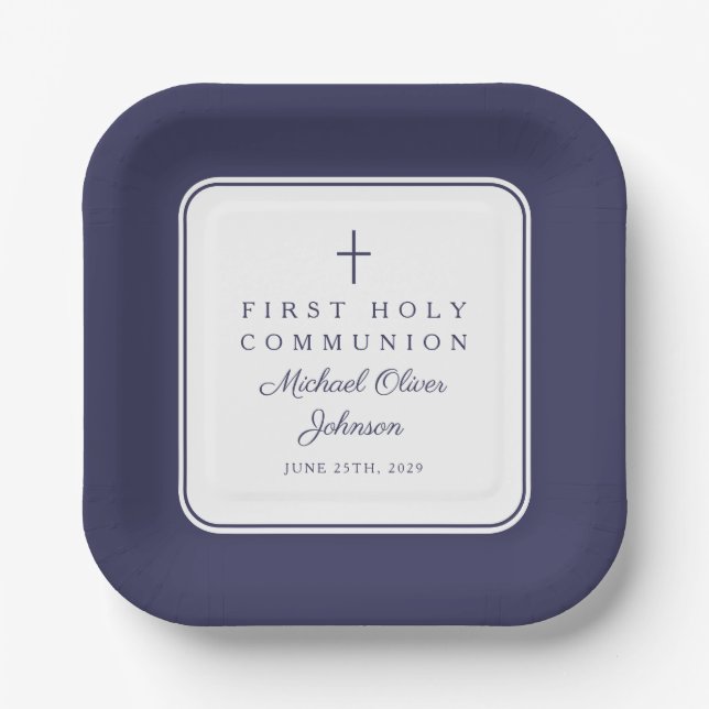 Modern Navy Blue Cross Boy First Communion Pappteller (Vorderseite)
