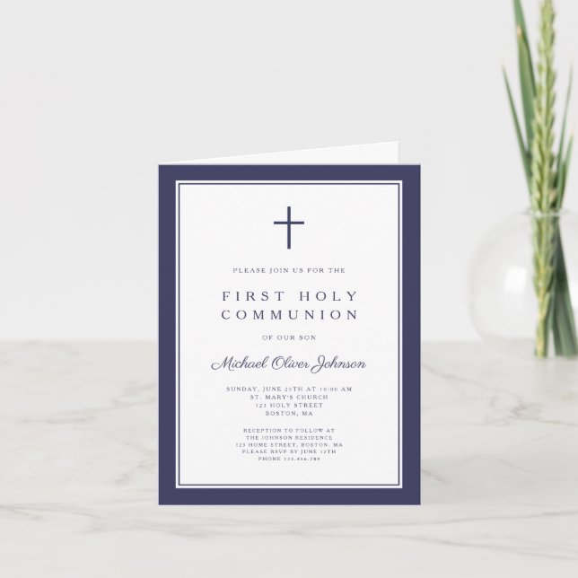 Modern Navy Blue Cross Boy First Holy Communion Einladung (Vorderseite)