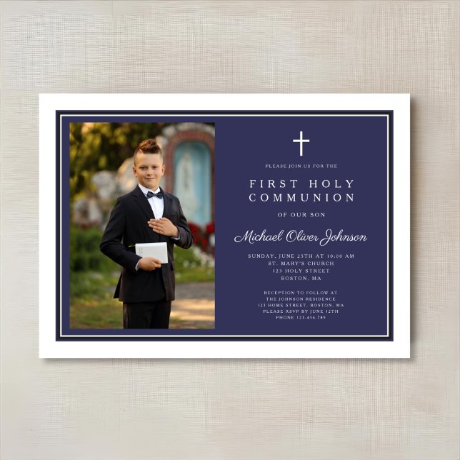 Modern Navy Blue Cross Boy Foto Erste Kommune Einladung (Modern Navy Blue Cross Boy Photo First Communion Invitation)
