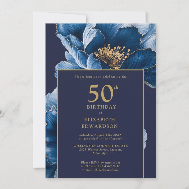 Modern Navy Blue Floral Elegant Birthday Einladung (Vorderseite)