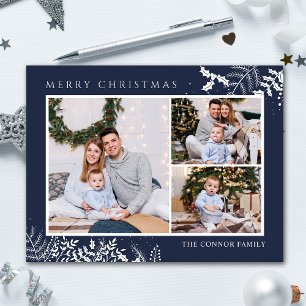 Modern Navy Blue Foto Collage Frohe Weihnachten Postkarte