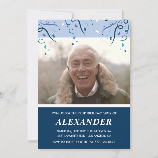 Modern Navy Blue Foto Man 72. Geburtstag Einladung (Vorderseite)
