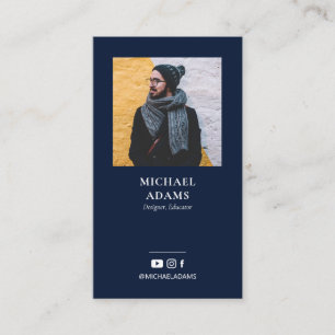 Modern Navy Blue Foto Social Media Business Cards Visitenkarte