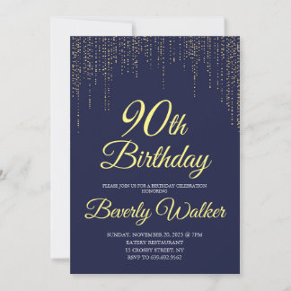 Modern Navy Blue Gold 90. Geburtstagsparty Einladung