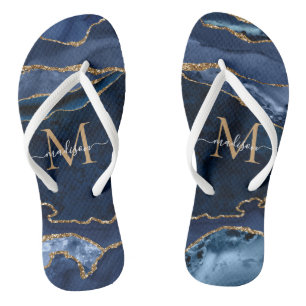 Modern Navy Blue Gold Agate Geode Girl Monogram Flip Flops