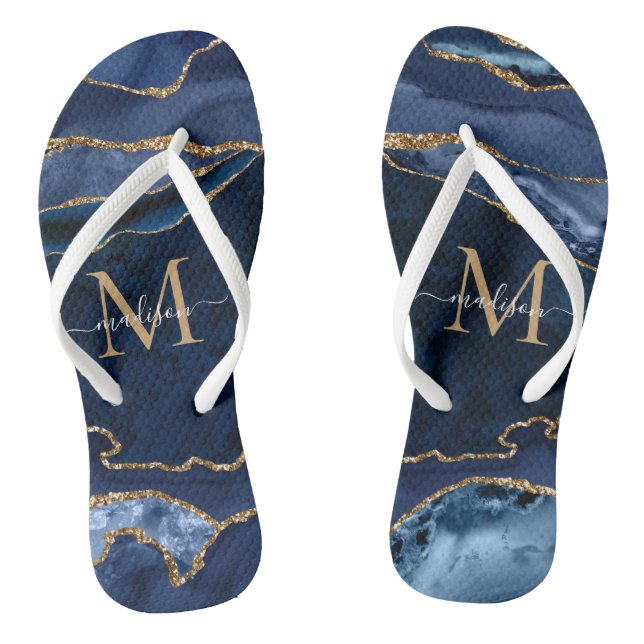 Modern Navy Blue Gold Agate Geode Girl Monogram Flip Flops (Fußbett)