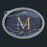Modern Navy Blue Gold Agate Geode Girl Monogram Ovale Gürtelschnalle<br><div class="desc">Modern Glam Navy Blue Gold Glitzer Sparkle Agate Geode Gemstone Eleganine Feminine Monogram Script Name Gelt Buckle</div>