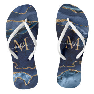Modern Navy Blue Gold Agate Geode Girl Monogramm Flip Flops